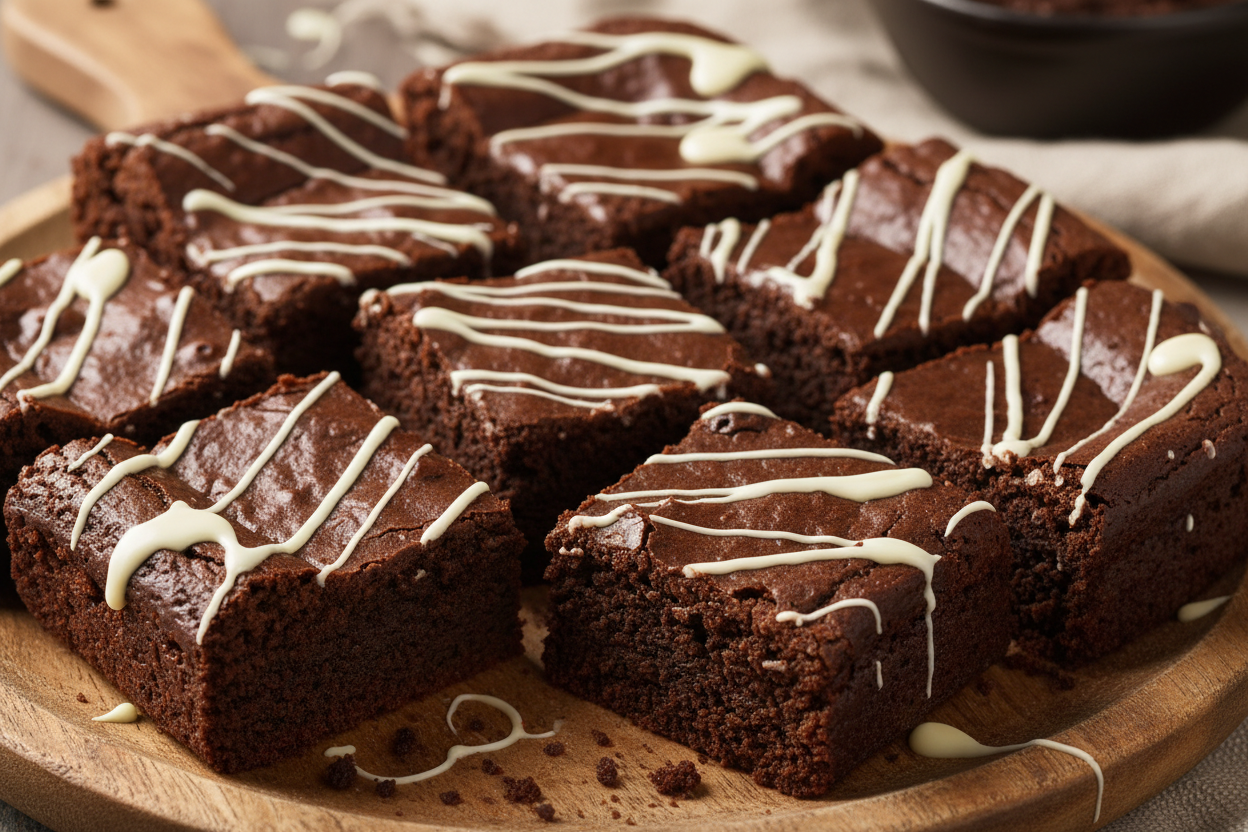 Brownies with white chocolate drizzled over the top