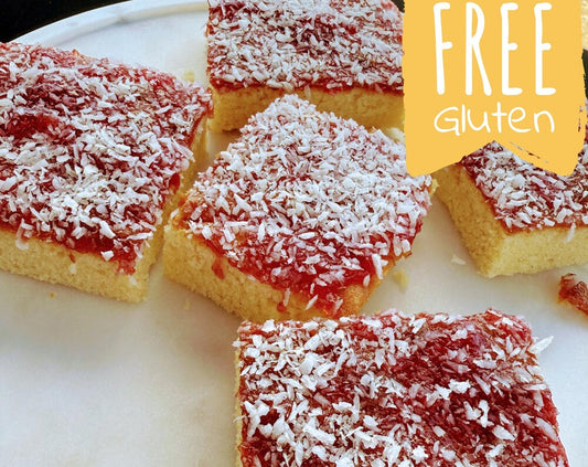 Old Skool Jam & Coconut Cake Squares – Gluten Free